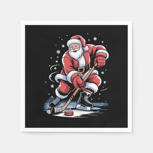Christmas Sports Santa Plays Ice Hockey Xmas  Napkin (Front)