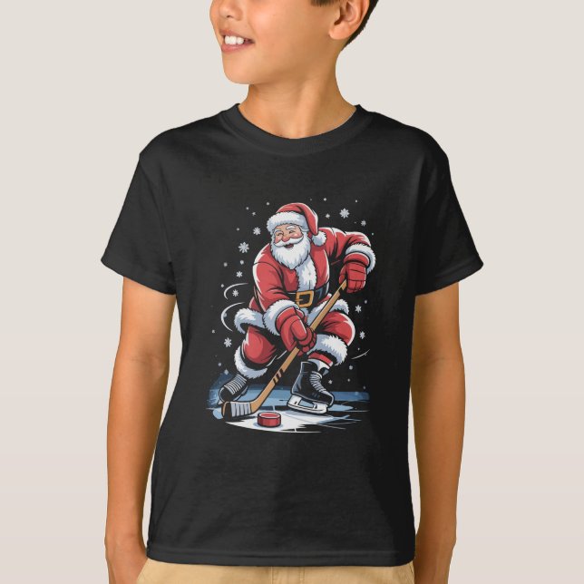 Christmas Sports Santa Plays Ice Hockey Xmas  T-Shirt (Front)