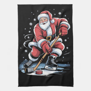 Christmas Sports Santa Plays Ice Hockey Xmas  Tea Towel