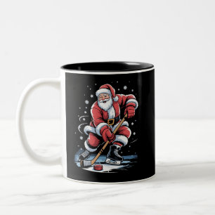 Christmas Sports Santa Plays Ice Hockey Xmas Two-Tone Coffee Mug