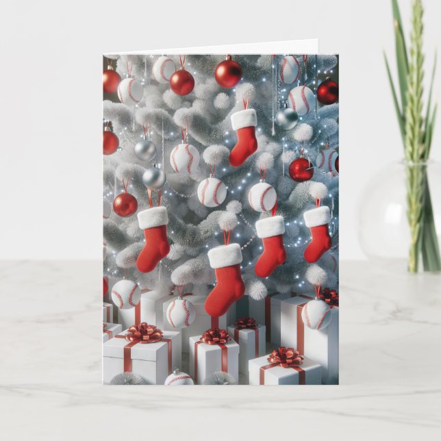 Christmas Sports Tree With Baseballs Holiday Card (Front)