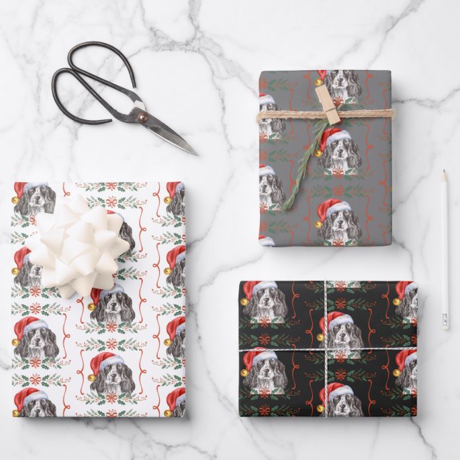 Christmas Springer Spaniel Dog Pattern Wrapping Paper Sheet (Front)