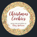 Christmas Sprinkles Cookie Custom Label Stickers<br><div class="desc">Christmas Sprinkled Cookie Sticker featuring Christmas themed cookie background,  with red,  green and white sprinkles and white icing cream. Product includes a template to customise with your name and message.</div>