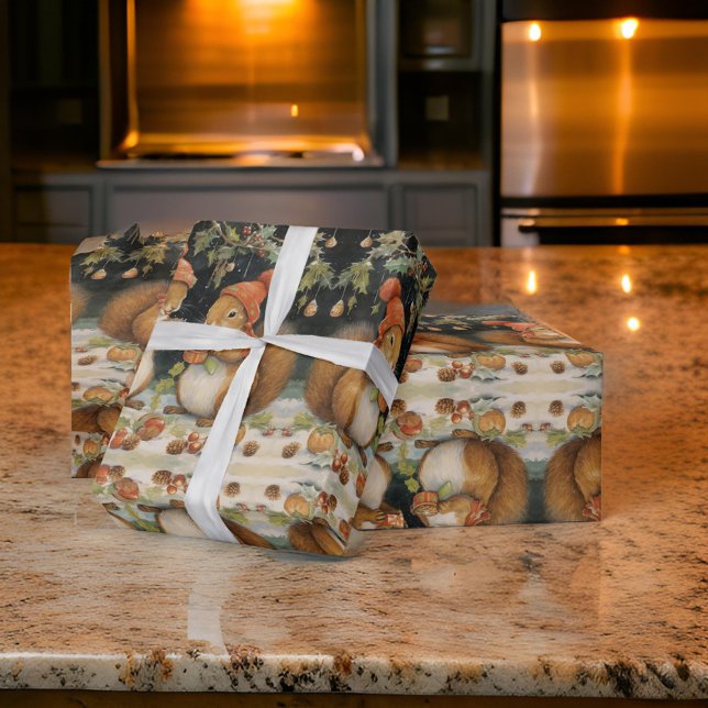 Christmas Sqiurrels Share Nuts Holly Wrapping Paper (Creator Uploaded)
