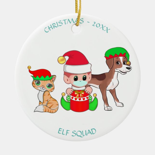 Christmas squad, baby elf, cat & dog ceramic tree decoration (Front)