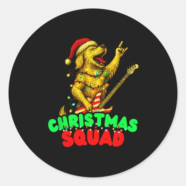 Christmas Squad Golden Retriever Dog Playing Guita Classic Round Sticker (Front)