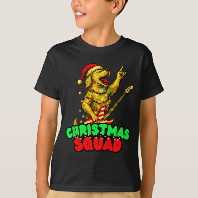 Christmas Squad Golden Retriever Dog Playing Guita T-Shirt (Front)