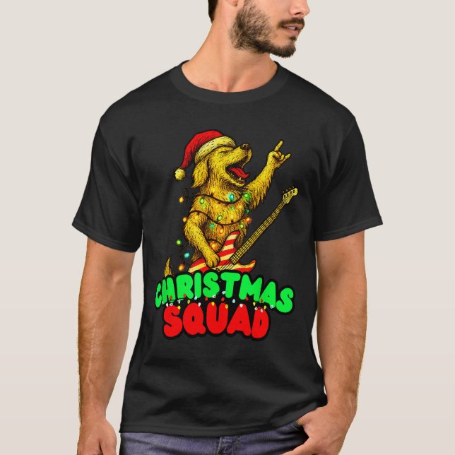 Christmas Squad Golden Retriever Dog Playing Guita T-Shirt (Front)