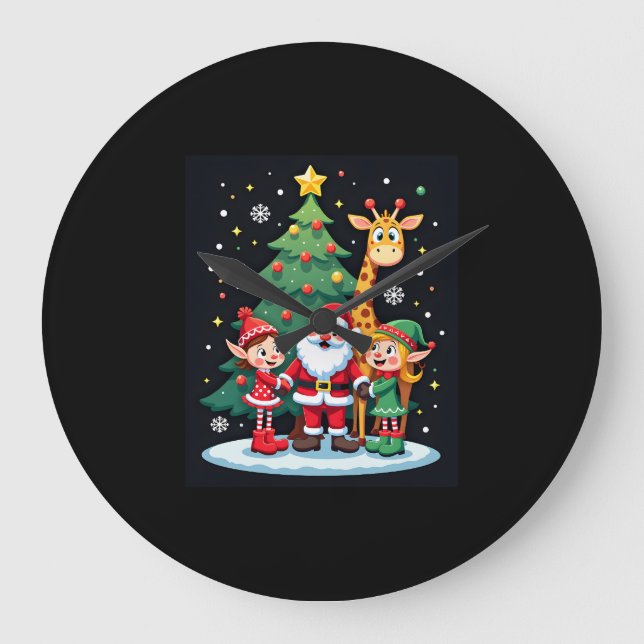 Christmas Squad Santa Giraffe Elf Dabbing Matching Large Clock (Front)