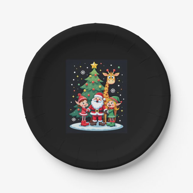 Christmas Squad Santa Giraffe Elf Dabbing Matching Paper Plate (Front)