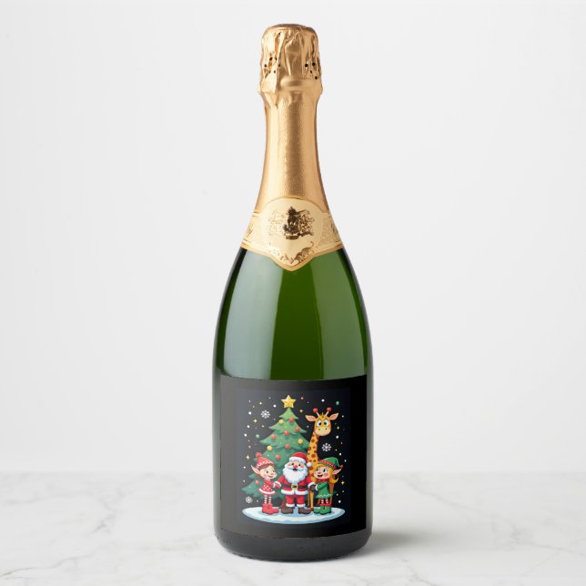 Christmas Squad Santa Giraffe Elf Dabbing Matching Sparkling Wine Label (Front)