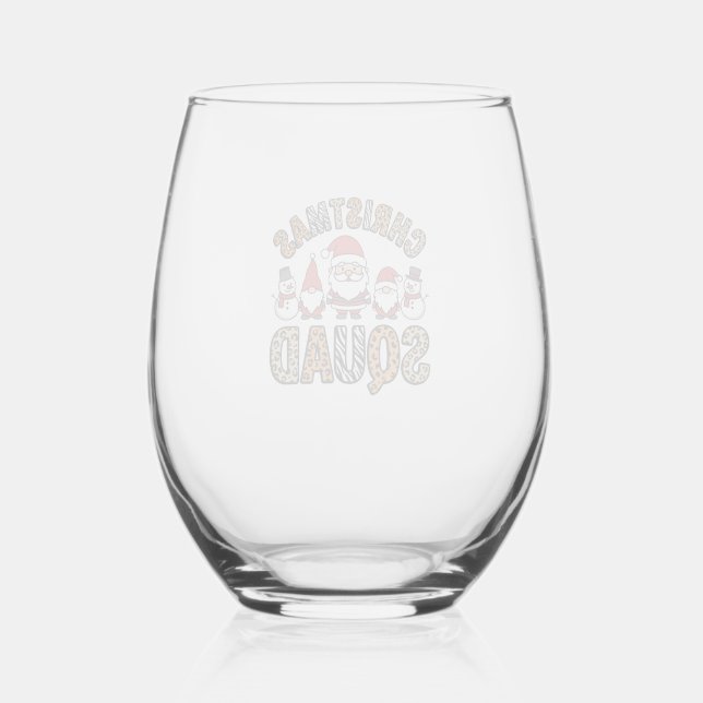 Christmas Squad Santa Snowman Leopard Print Design Stemless Wine Glass (Front)