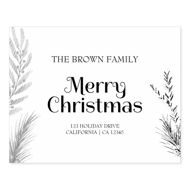 Christmas Square Leaves Family Name Return Address Rubber Stamp (Imprint)