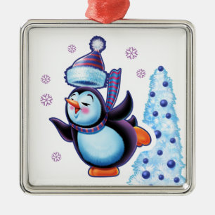 Christmas square ornament skating penguin