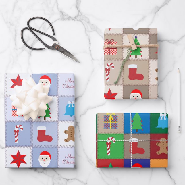 Christmas Square Pattern Blue Beige and Colourful Wrapping Paper Sheet (Front)
