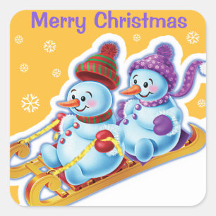Christmas square sticker Snowmen Snow sports.