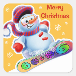 Christmas square sticker Snowmen Snow sports.