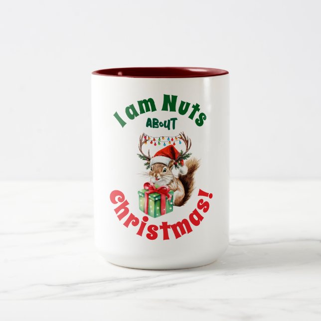 Christmas Squirrel & Antlers & Gift Box  Two-Tone Coffee Mug (Center)