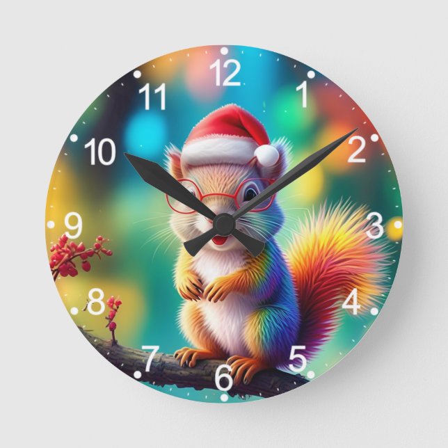 Christmas Squirrel As Santa Claus-56765 Round Clock (Front)