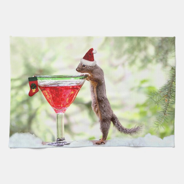 Christmas Squirrel at Happy Hour Tea Towel (Horizontal)