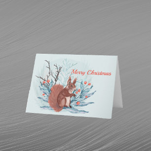 Christmas Squirrel Berries Floral Watercolor Holiday Card
