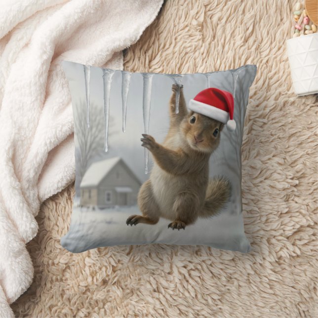 Christmas Squirrel Hanging From an Icicle Cushion (Blanket)