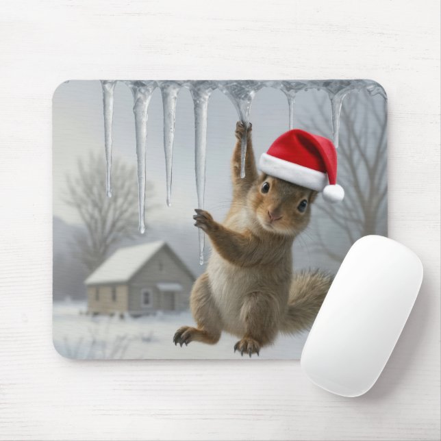 Christmas Squirrel Hanging From an Icicle Mouse Mat (With Mouse)