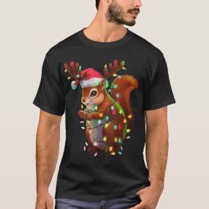 Christmas Squirrel Lights Santa Hat Xmas Family T-Shirt