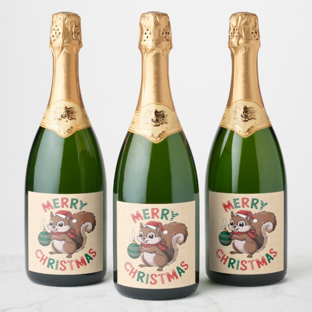 Christmas Squirrel - Merry Christmas Sparkling Wine Label (Bottles)