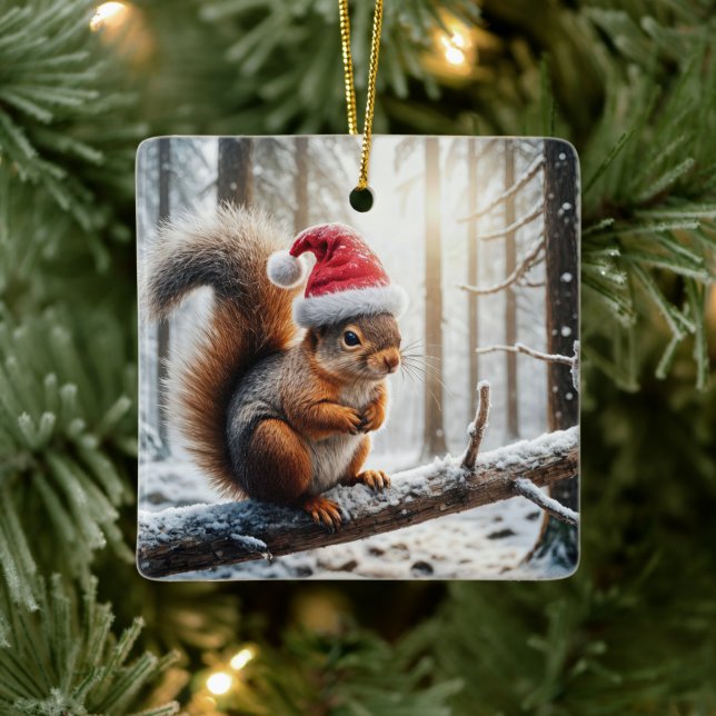 Christmas Squirrel On Snowy Tree Branch Ceramic Ornament (Tree)