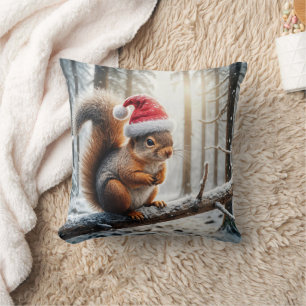 Christmas Squirrel On Snowy Tree Branch Cushion