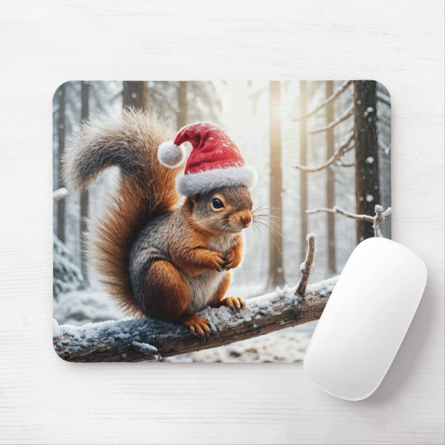 Christmas Squirrel On Snowy Tree Branch Mouse Mat (With Mouse)
