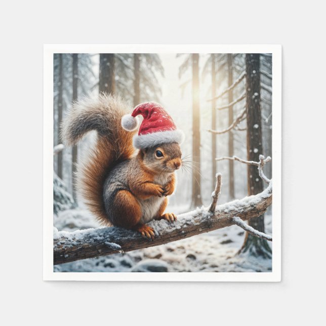 Christmas Squirrel On Snowy Tree Branch Napkin (Front)