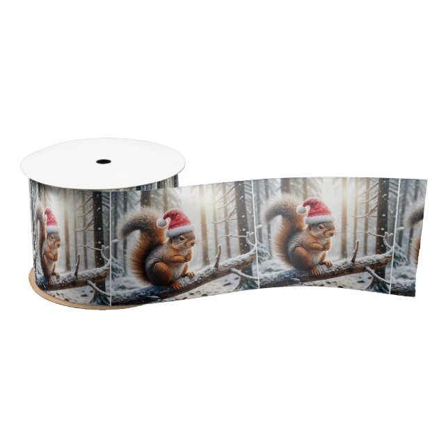 Christmas Squirrel On Snowy Tree Branch Satin Ribbon (Spool)