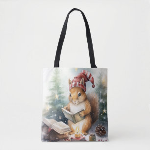 Christmas Squirrel reading Tote Bag
