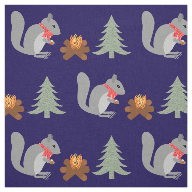 Christmas Squirrel Roasting Hazelnuts on Log Fire Fabric (Swatch)