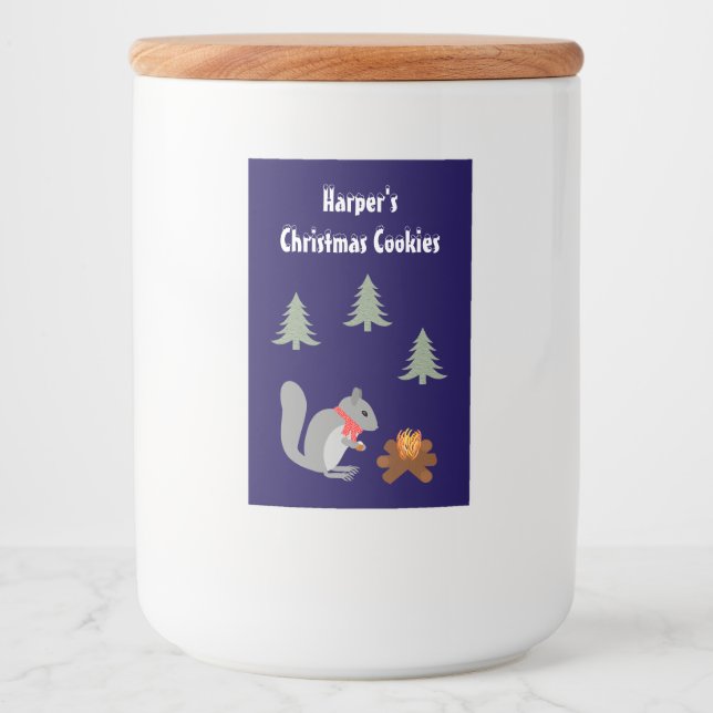 Christmas Squirrel Roasting Hazelnuts on Log Fire Food Label (Front)