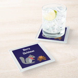 Christmas Squirrel Roasting Hazelnuts on Log Fire Glass Coaster