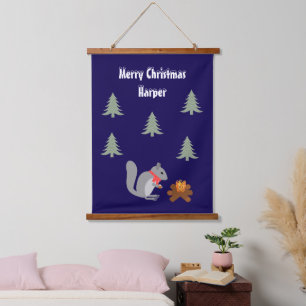 Christmas Squirrel Roasting Hazelnuts on Log Fire Hanging Tapestry