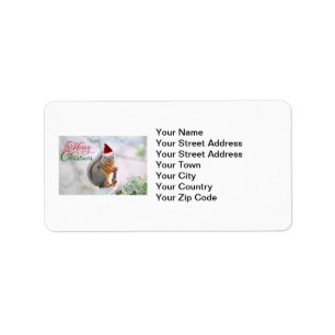 Christmas Squirrel Wearing Santa Claus Hat Label