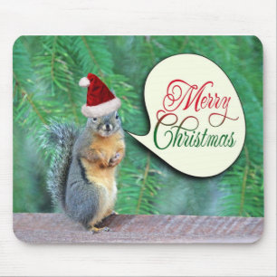 Christmas Squirrel with Evergreen Tree Background Mouse Mat