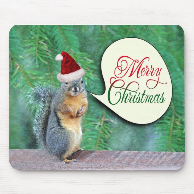Christmas Squirrel with Evergreen Tree Background Mouse Mat (Front)