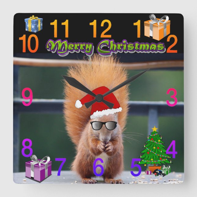 Christmas Squirrel with gifts and tree  Square Wall Clock (Front)