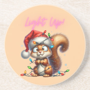 Christmas Squirrel with Lights Fun Holiday Card Coaster
