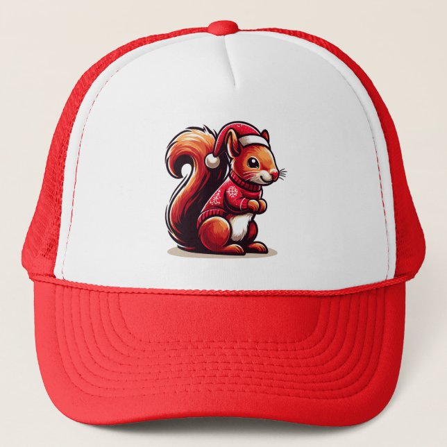 Christmas Squirrel with Santa Hat, Xmas Squirrel Trucker Hat (Front)