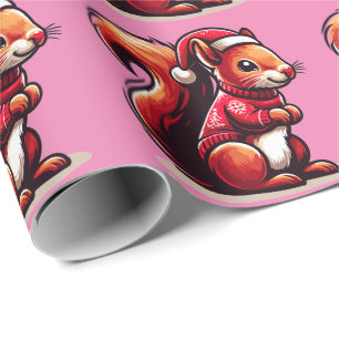 Christmas Squirrel with Santa Hat, Xmas Squirrel Wrapping Paper