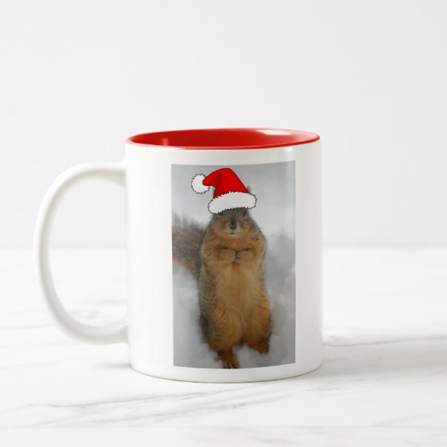 Christmas Squirrel with Santa Two-Tone Coffee Mug (Left)