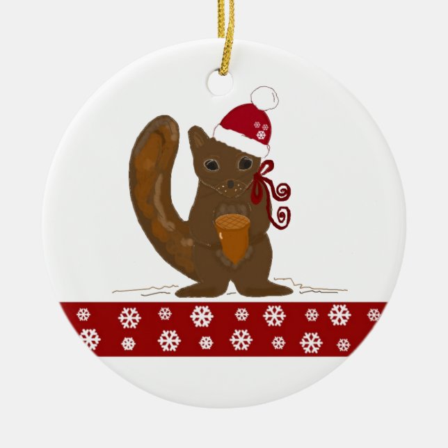 Christmas Squirrel with Snowflake Border Ceramic Tree Decoration (Front)