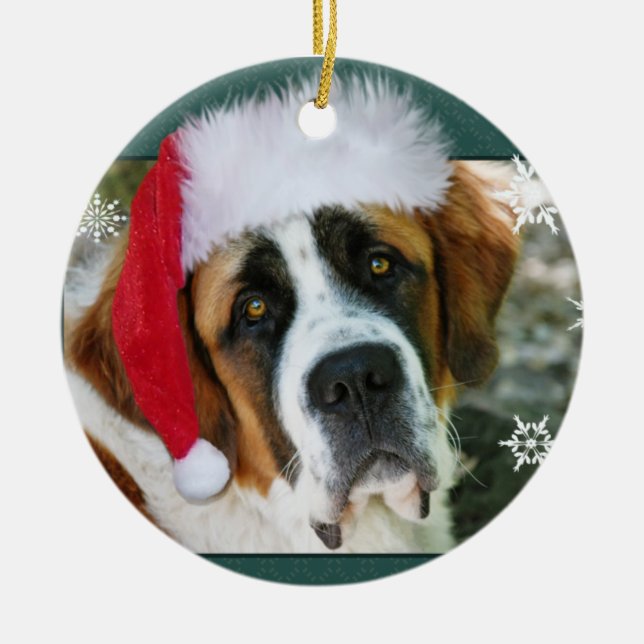 Christmas St. Bernard Dog Photo Ceramic Tree Decoration (Front)