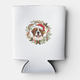 Christmas St Bernard Dog Santa Hat Wreath Can Cooler